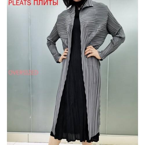 Miyake Pleated Coat New Pleated Series Small Lapel Long Sleeve Long Windbreaker Pleats Trench Coat Abrigo Mujer