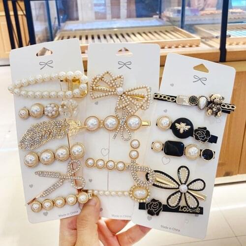 Fashion Hairpin Set Pearl Crystal Hair Clip for Women Black Bear Alloy Barrettes Clip Duckbill Clip Hair Accessories