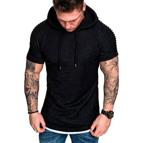 Mens Casual Fashion Solid Color Wrinkled Hooded T-shirt Summer Casual Sports Short-sleeved T-shirt Mens Slim Fit Sweatshirt