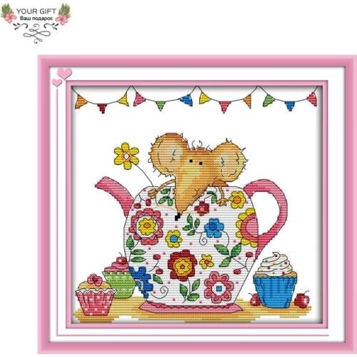 Joy Sunday C847 14CT 11CT Counted and Stamped Flower Mouse Home Decoration Cross Stitch Kids Toys