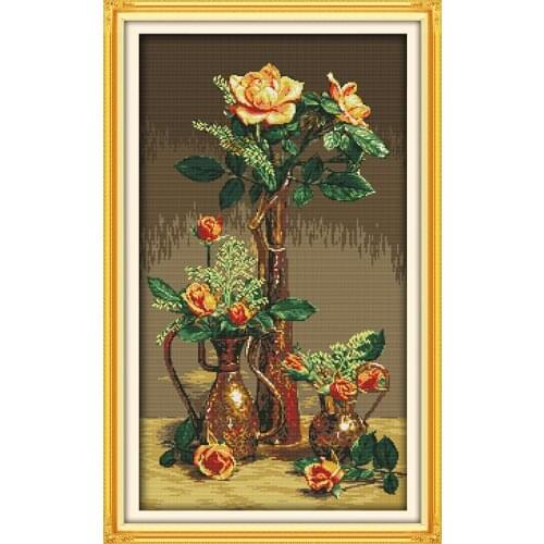 Gold Roses Flowers Set Canvas Aide Cross Stitch Kits Art Crafts Accurate Printed Embroidery DIY Handmade Needle Work Home Decor