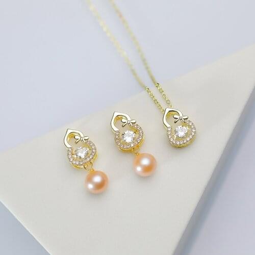 Natural Freshwater Pearl Set Jewelry with Zircon for Women 925 Sterling Silver Stud New Design Gold Color