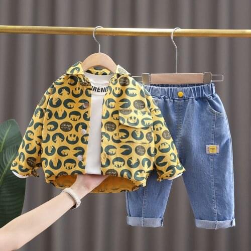 Boys Autumn Fall Clothes Kids Cartoon Print Outfits White T-Shirt Shirts Jeans Costumes Childrens Spring Fashion Clothing 1-4Y
