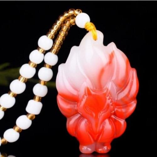 Chinese Red White Jade Nine Tailed Fox Pendant Necklace Jewellery Fashion Accessories Hand-Carved Woman Amulet Sweater Chain