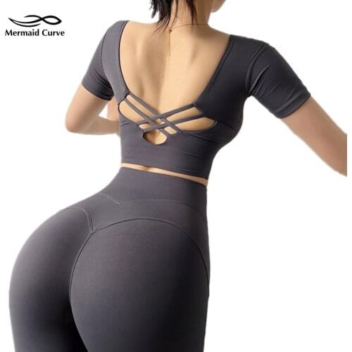 Mermaid Curve Spring New Yoga Shirts Back Cross Hollow Women Short Sleeve Sport T Shirts Gym Running Quick Dry T Shirt With Pad