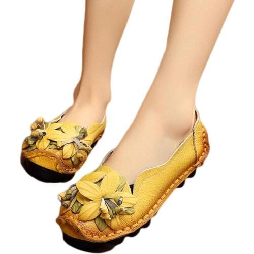 National Wind Flowers Flat Shoes Women Handmade Genuine Leather Shoes Women Retro Soft Bottom Flat Shoes Autumn Flats Shoes