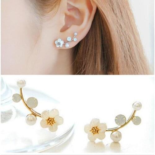 Women Earrings Party Jewelry Flower Faux Pearl Shiny Earrings Rhinestone Simple Branch Sweet Ear Studs Gift pendientes kolczyki