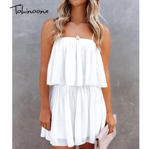 Tobinoone White Spaghetti Strap Backless Jumpsuit Women Ruched Shorts Loose Fit Jumpsuits Sexy Summer Off Shoulder Clothes