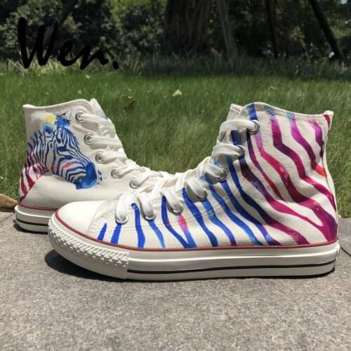 Wen Original Hand Painted Shoes Design Custom Zebra Pattern Men Womens White High Top Canvas Sneakers Platform Gym Trainer