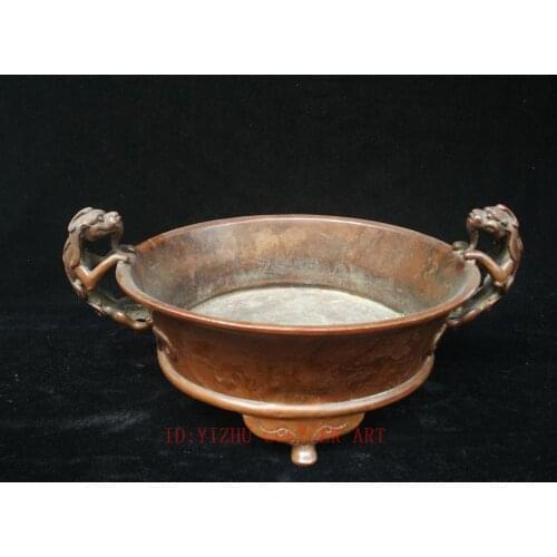 YIZHU CULTUER ART 14" Chinese Bronze Dynasty Palace Carving people Unicorn Incense Burner Basin