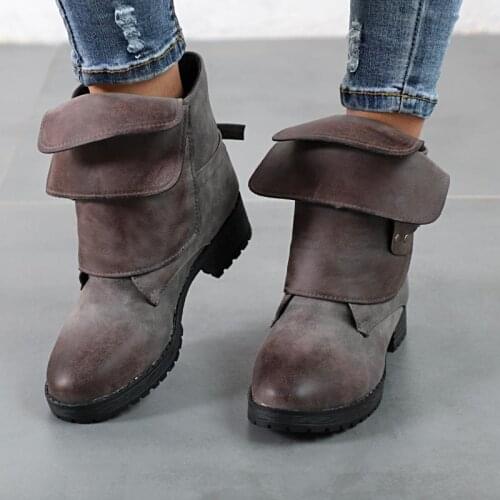 Woman Mid Calf Boots Lace Up Boots Female Women Shoes Rivet Low Heels Zip Footwear Leather Womens Short Boots Plus Size 43