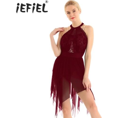 Women Adults Lace Ballerina Costumes Bodice Asymmetric Gymnastics Leotard Dresses Figure Skating Ice Dance Lyrical Dance Dress