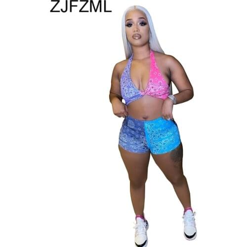Color Block Paisley Bandanna Print Bodycon Two Piece Outfits Women Halter Neck Backless and Skinny Shorts Summer Beach Sets