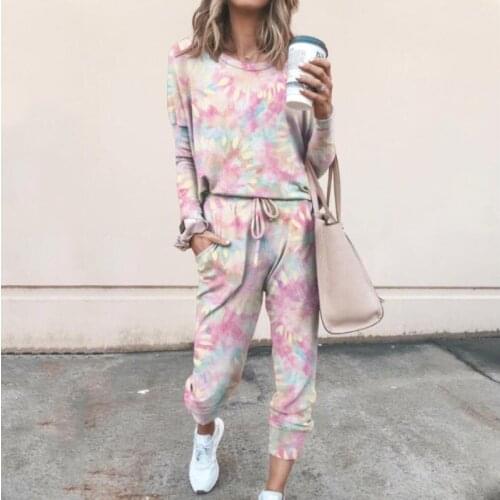 New Women Set Autumn Home Wear Femme Tie Dye Print Two Piece Sets Long Sleeve Top+ High Waist Pants Streetwear Suit Plus Size