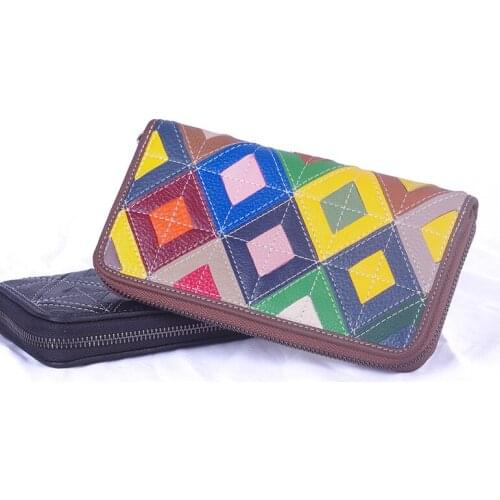 Real Leather Women Purse Knit Handmade Zipper Long Wallet