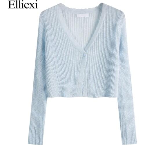 Elliexi Lce Silk V-neck Cardigan Women Summer Blouse Knitted Casual for womens top jacket Shirt blouse hollow Out knit sweater