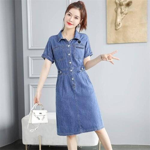 Summer Denim Dress Short Sleeve Slim Waist Vintage Jeans Dress Women Single Breasted Elegant Dresses Korean Style Vestidos