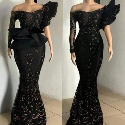 Lastest Design Black Evening Dresses Long Sleeve Applique 2021 Mermaid Prom Gowns for Women Party Wear vestidos formales
