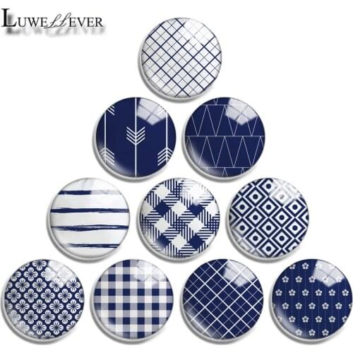 10mm 12mm 16mm 20mm 25mm 30mm 719 Dark Blue Geometry Mix Round Glass Cabochon Jewelry Finding 18mm Snap Button Charm Bracelet