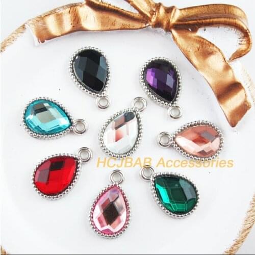 16 New Teardrop Charms Dull Silver Plated Acrylic Retro Crystal Pendants 13x21mm