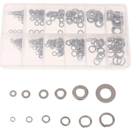 350pc 6 Sizes Stainless Steel Washers Assortment Set Flat Spring Lock Type