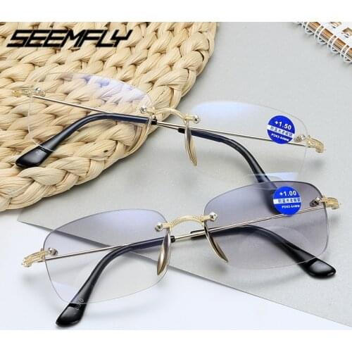 Seemfly Rimless Bifocal Reading Glasses Men Women Anti Blue Ray Diamond Cutting Presbyopic Eyeglasses Magnifying Eyewear Unisex