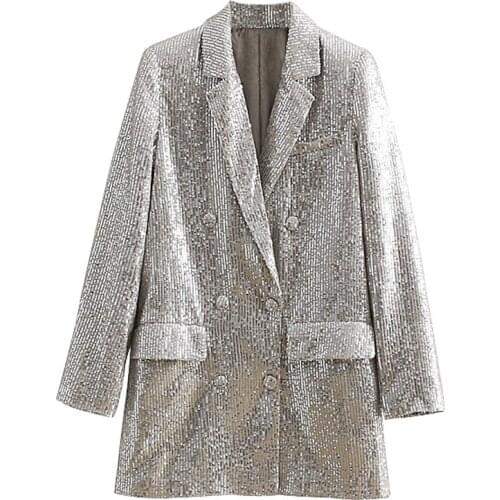 Spring Autumn Women Sequin Blazer Fashion Shining Pocket Long Sleeve Mid-Length Suits Jacket Vintage Female Casual Tops H1138