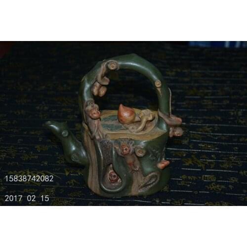 Old Qing Dynasty ZiSha Pottery Tea Pot,Peach & Monkey, with Mark,best collection& adornment, Free shipping
