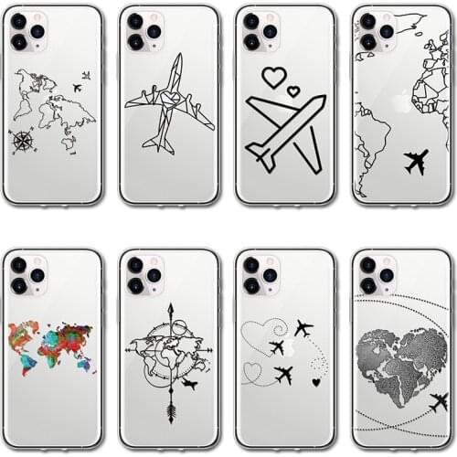 World Map Travel Airplane Clear TPU Phone Cover For iPhone 12 11 Pro X XR Xs Max 10 5 5S se 2 2020 6 6s 7 8 Plus Shockproof Case