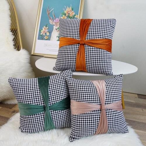Cilected Light Luxury Black And White Houndstooth Pillow Cover Bow Decorative Cushion Cover Square Pillowcase For Sofa Décor