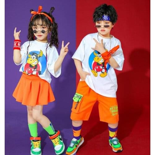 Kids Modern Hip Hop Clothing White T Shirt Tops Orange Skirt Shorts Streetwear for Girls Boys Jazz Dance Costume Show Clothes