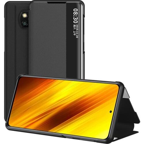 For Xiaomi Poco X3 NFC Case Side View Smart Flip Leather Case Mirror Cover for Xiaomi Mi PocoX3 NFC 2020 Shell Cover Protector