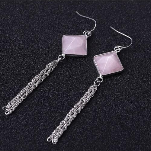 FYJS Unique 10 Pairs Silver Plated Pyramid Rose Pink Quartz Dangle Earrings with Tassels Blue Sand Stone Jewelry