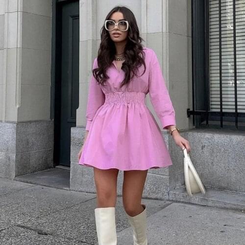 Foridol V Neck Cotton Shirt Dress Long Sleeve Autumn Winter Casual Pink Dress Short Elegant Ladies Vestidos 2021 New