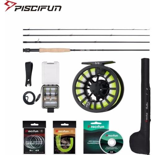 Piscifun Aluminum 5/6 Fly Reel 2.7m Carbon Rod Fly Line/Backing Line/9 PCS Flies/Tackle Box With 77cm Rod Bag Fly Rod Combo