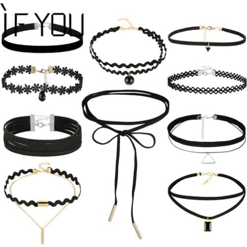 IF YOU 10 PCs/Set Gothic Sexy Black Leather Lace Flower Fashion Hollow Choker Necklace Set Necklaces Collier For Women Jewelry