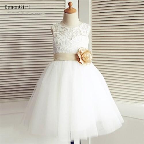 White/Ivory Knee Length Flower Girl Dress Lace Tulle Bow Little Princess Pageant Gown Birthday Dress Photoshoot