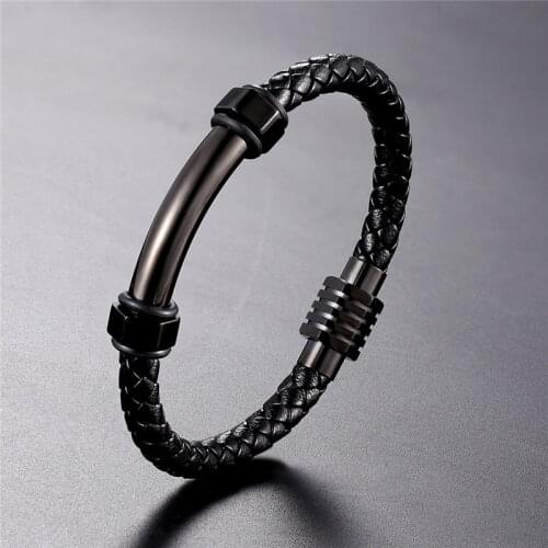 Newest Fashion Leather Bracelet Men Black Braid Stainless Steel Bracelet Magnetic Buckle women Bracelets Jewelry Christmas Gifts