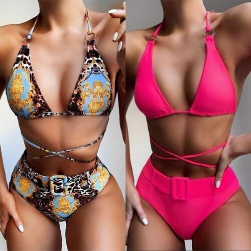 2021 New Fashion High Waist Printed Halterneck Bikini Ladies Sexy Split Swimsuit Swimwear Beachwear