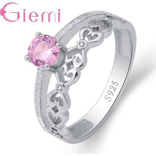Wholesale Elegant Wedding Jewelry Sweet Pink Crystal Women Wife Finger Ring with Hollow Heart Band Design Silver Color Anel