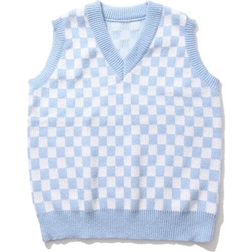 2021 autumn new checkerboard knitted sweater men and women retro vintage casual loose personality wild Korean jacket vest
