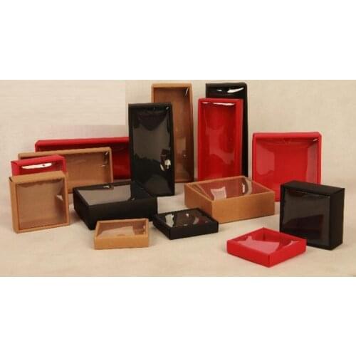 5 Sizes Craft Gift Boxes with Transparent Lid Red Black Kraft Box for Present/Candy Jewelry Display Box Cardboard Box 10pcs/lot