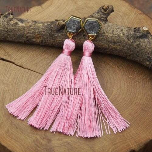 Simple Design Female Jewelry Plastal Pink Silk Tassel Titanium Finish Rainbow Druzy Charm Studs Earrings 3.5 inch ER9225