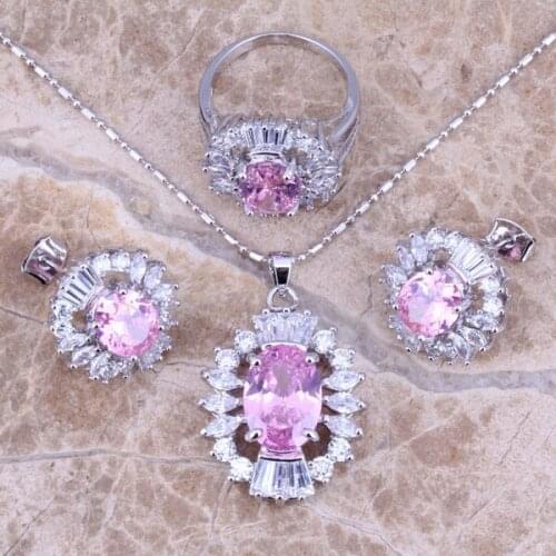 Pink White CZ Silver Plated Jewelry Sets Earrings Pendant Ring Size 5.5 - 8 S0072