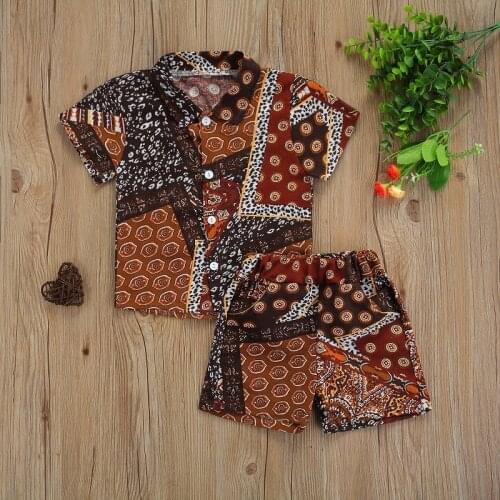 Newest arrival Boys Digital Print Clothes Set Short Sleeve Lapel Neck Button-up Shirt+Elastic Waist Shorts