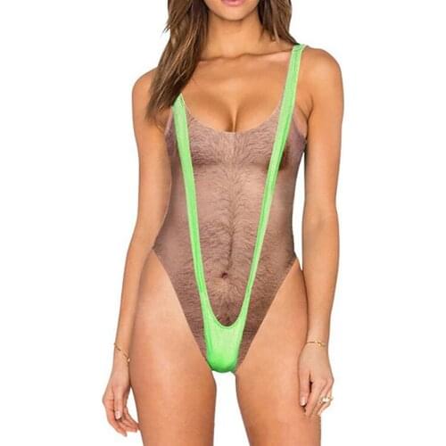 Sexy One Piece Swimsuit Women Swimwear Funny 3D Print Chest hair Push Up Bikinis Swimsuit Female Monokini Beachwear Bathing Suit