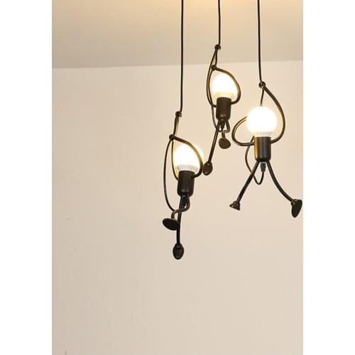 Modern Creative LED Pendant Lamp Black Little People Adjustable Hanging Lights Mini Iron peoples for Bedroom Dining Rooms