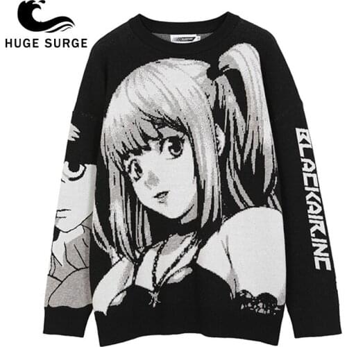 Cartoon Comics Girl Print Knitted Sweater Men Autumn Baggy Harajuku Otaku College Style Couple Pullover Men Streetwear