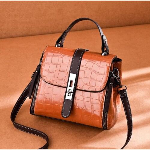 High-Quality Stone Pattern Womens Bags Metal Lock Flip Womens Handbags Fashion Bright Leather Messenger Bag Lady Shoulder Bag
