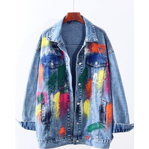 Spring Autumn 2021 Korean Mid-length Color Graffiti Denim Jacket Women Streetwear Loose Oversized Casual Jaqueta Jeans Feminina